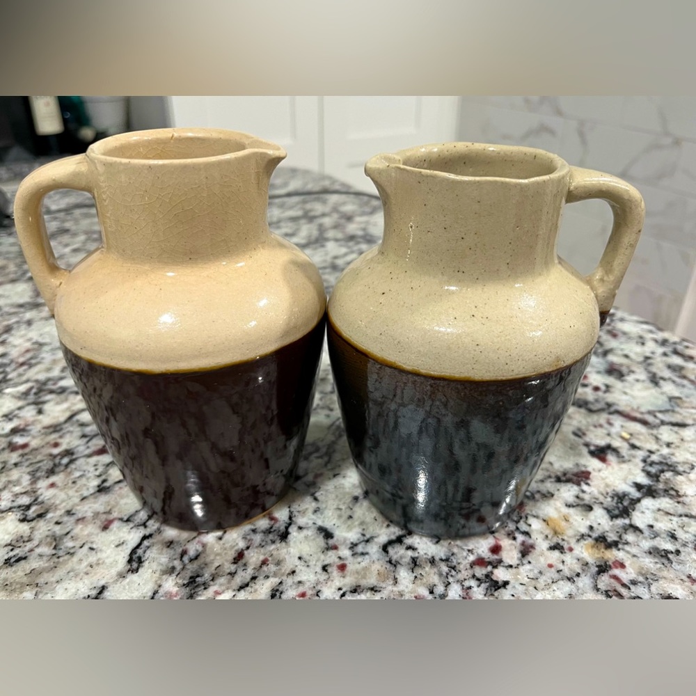 Two Antique Stoneware Cream/Brown Crock Rustic Farmhouse Milk Pitcher 6”